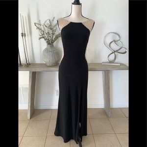 La Femme Black Nude Beaded Open Back Prom Dress Size 6 High Slit Evening Gown